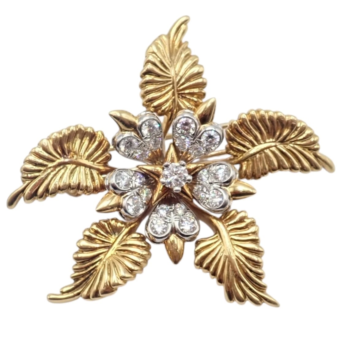 Tiffany & Co Schlumberger 18k Yellow Gold Platinum Diamond 5 Leaf Pin Brooch - 10
