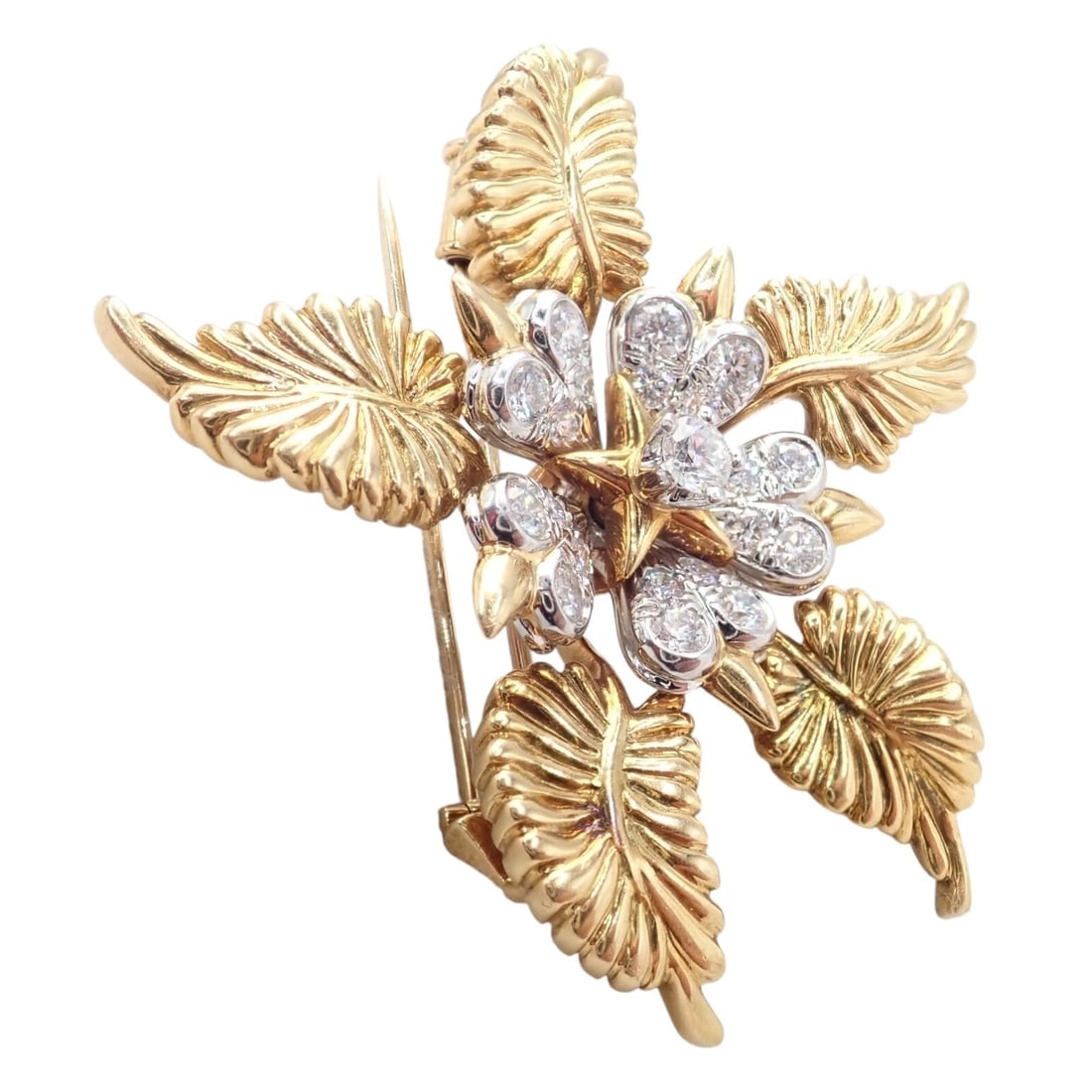 Tiffany & Co Schlumberger 18k Yellow Gold Platinum Diamond 5 Leaf Pin Brooch - 3