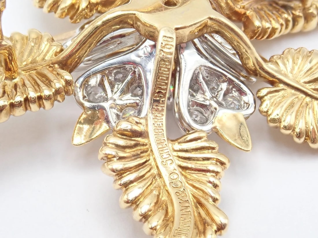 Tiffany & Co Schlumberger 18k Yellow Gold Platinum Diamond 5 Leaf Pin Brooch - 4