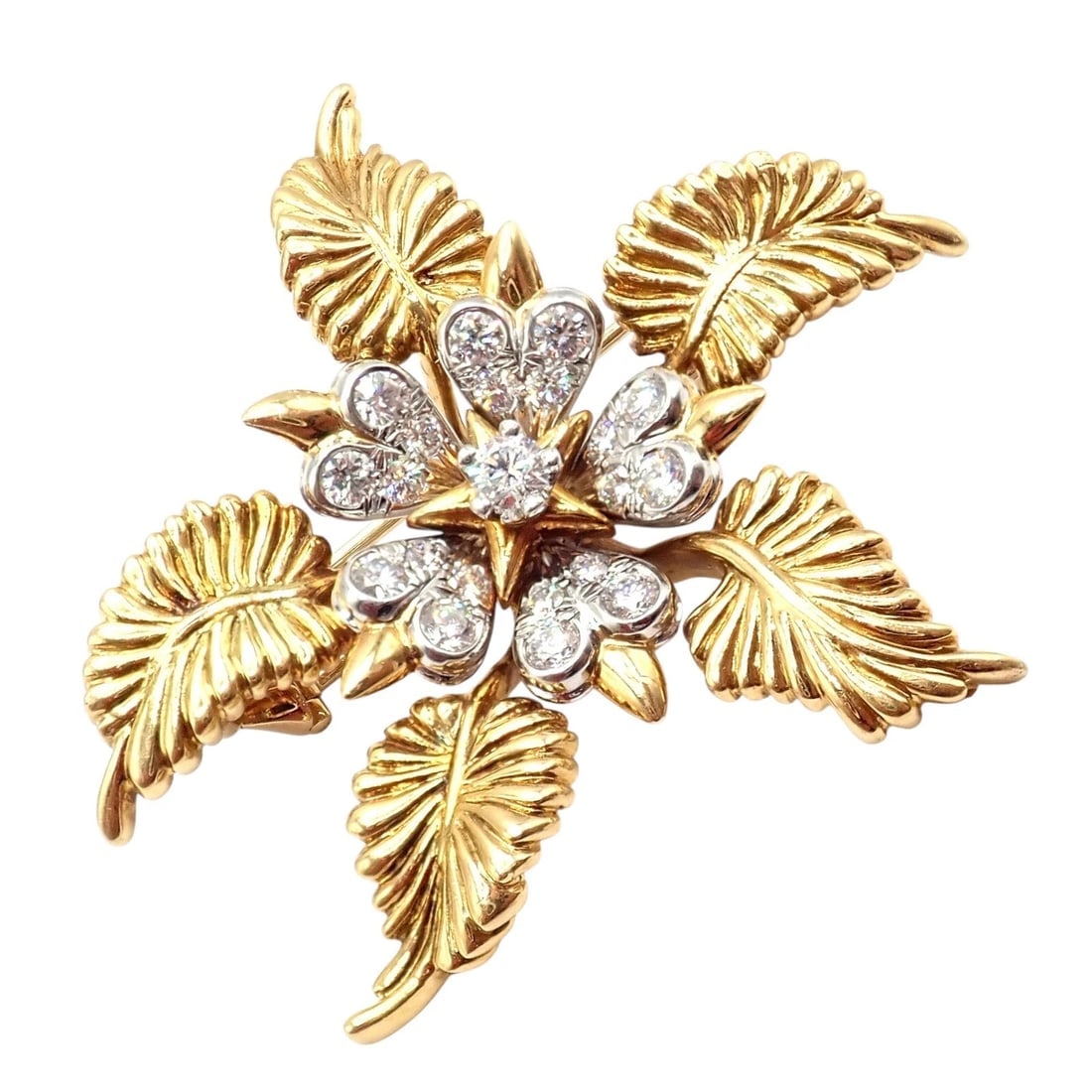 Tiffany & Co Schlumberger 18k Yellow Gold Platinum Diamond 5 Leaf Pin Brooch - 6