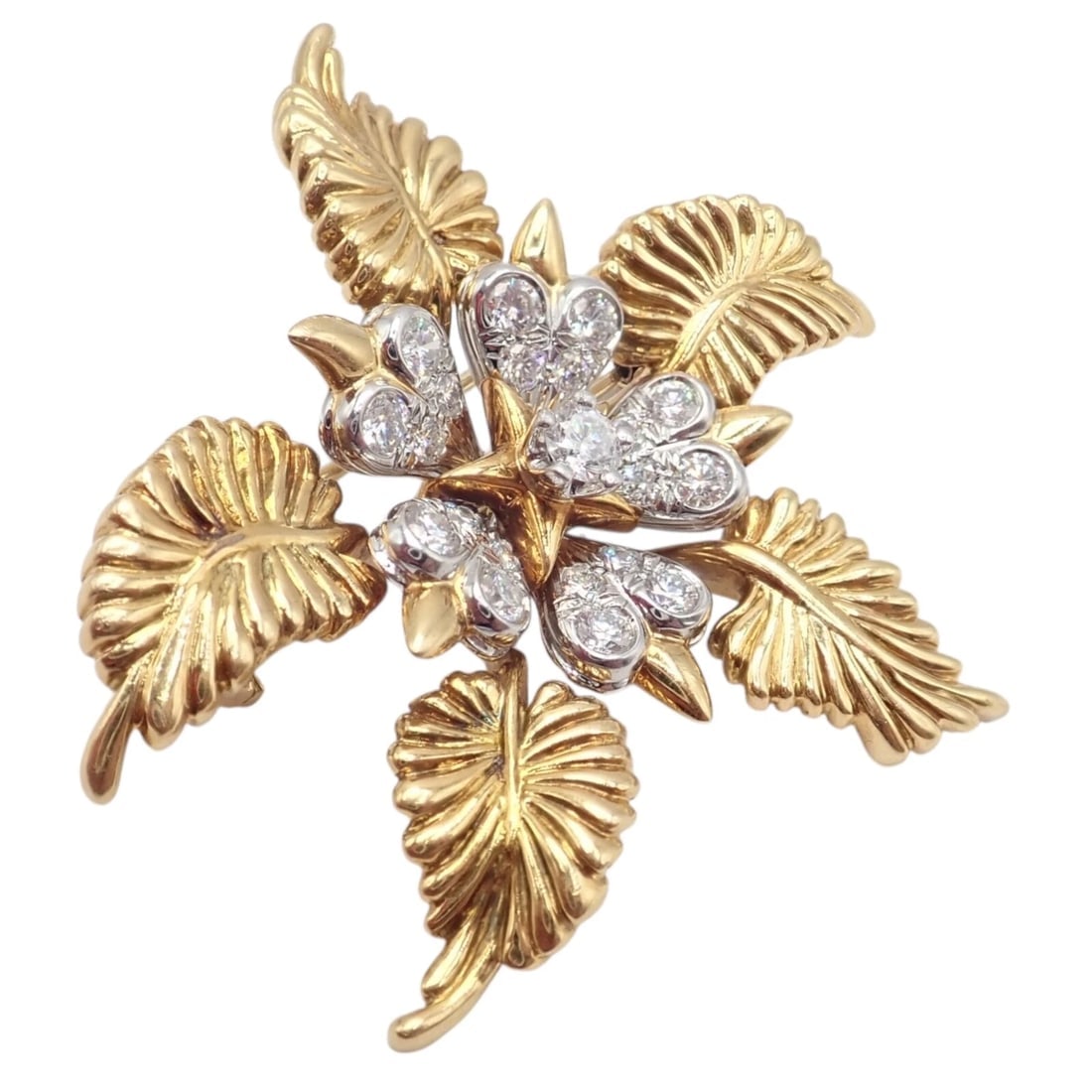 Tiffany & Co Schlumberger 18k Yellow Gold Platinum Diamond 5 Leaf Pin Brooch - 8