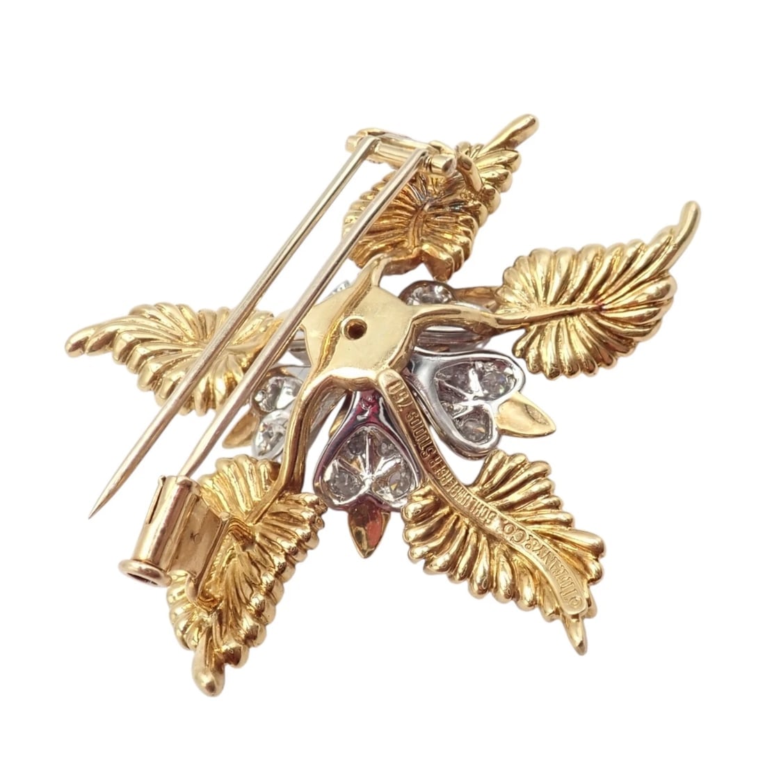 Tiffany & Co Schlumberger 18k Yellow Gold Platinum Diamond 5 Leaf Pin Brooch - 9