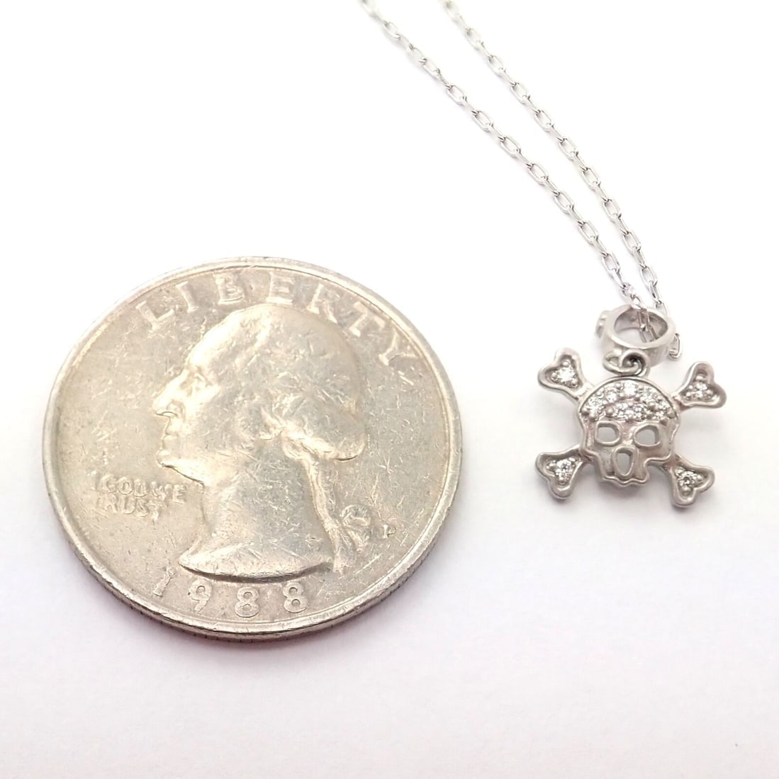 Authentic! Loree Rodkin 18k White Gold Diamond Skull Crossbones Pendant Necklace - 4