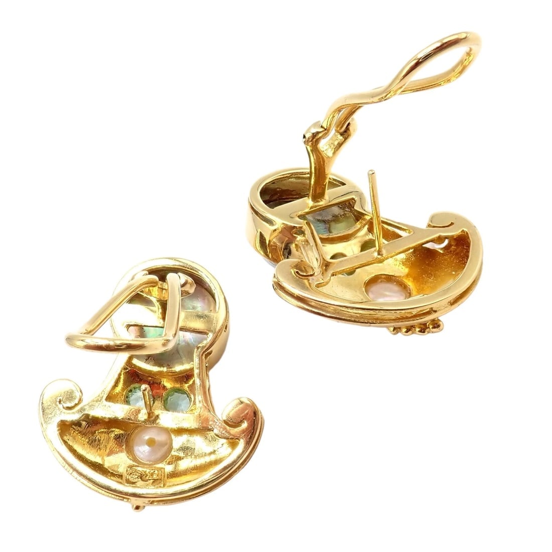 Rare! Vintage Paula Crevoshay 18k Gold Abalone Pearl Blue Gemstone Earrings OOAK - 10