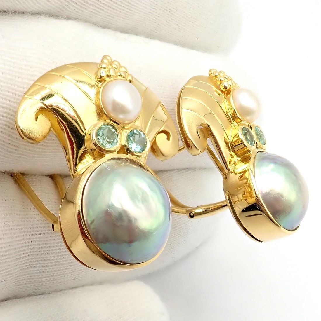 Rare! Vintage Paula Crevoshay 18k Gold Abalone Pearl Blue Gemstone Earrings OOAK - 2