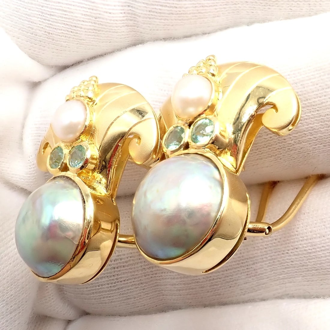 Rare! Vintage Paula Crevoshay 18k Gold Abalone Pearl Blue Gemstone Earrings OOAK - 6