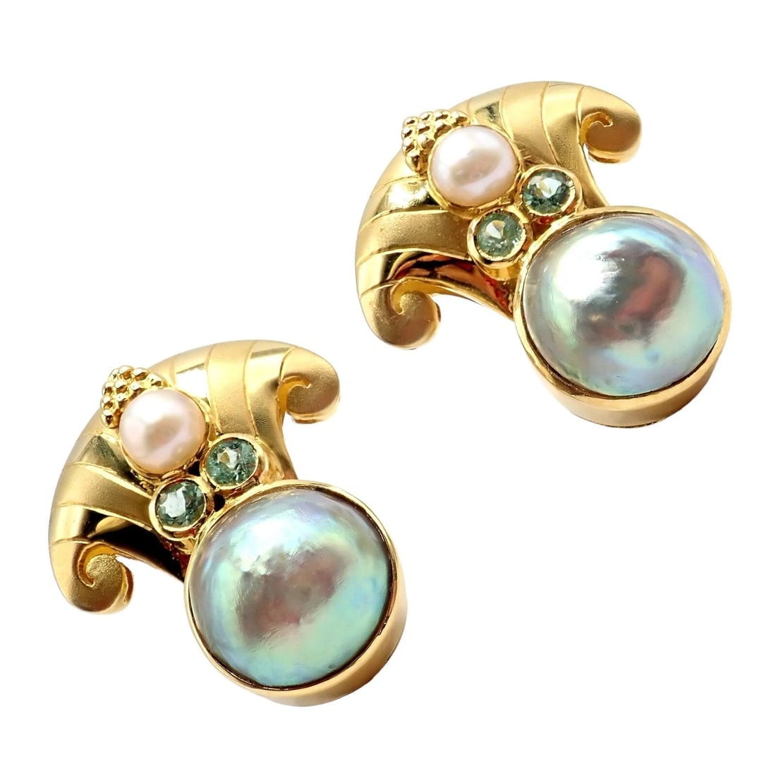 Rare! Vintage Paula Crevoshay 18k Gold Abalone Pearl Blue Gemstone Earrings OOAK - 7