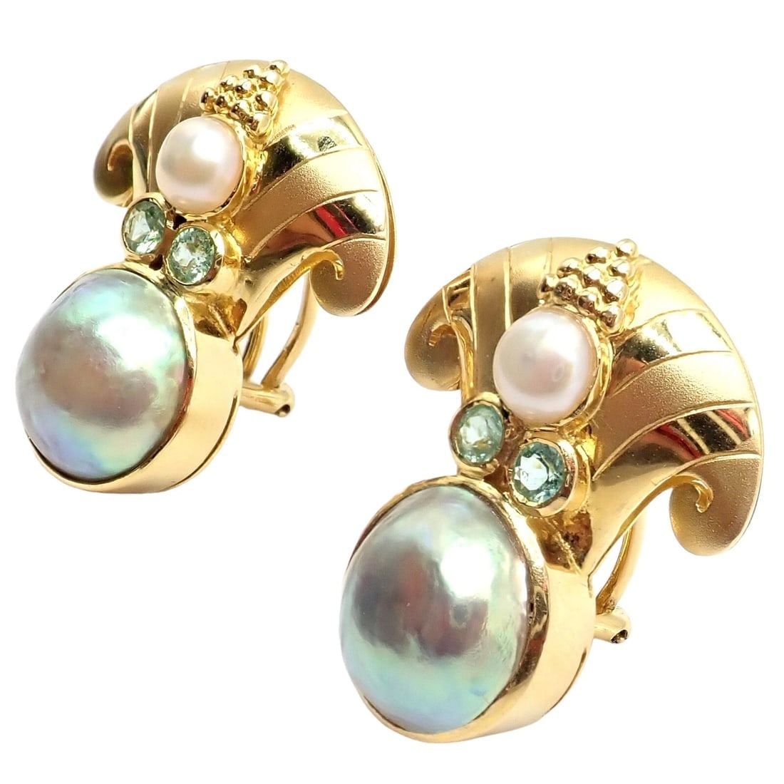 Rare! Vintage Paula Crevoshay 18k Gold Abalone Pearl Blue Gemstone Earrings OOAK - 8