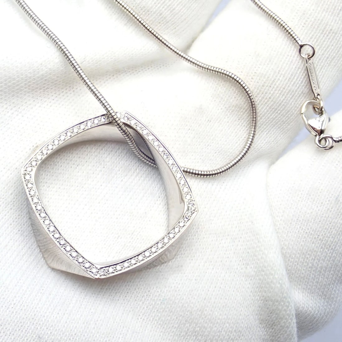 Authentic Tiffany & Co 18k White Gold Frank Gehry Diamond Torque Square Necklace - 10