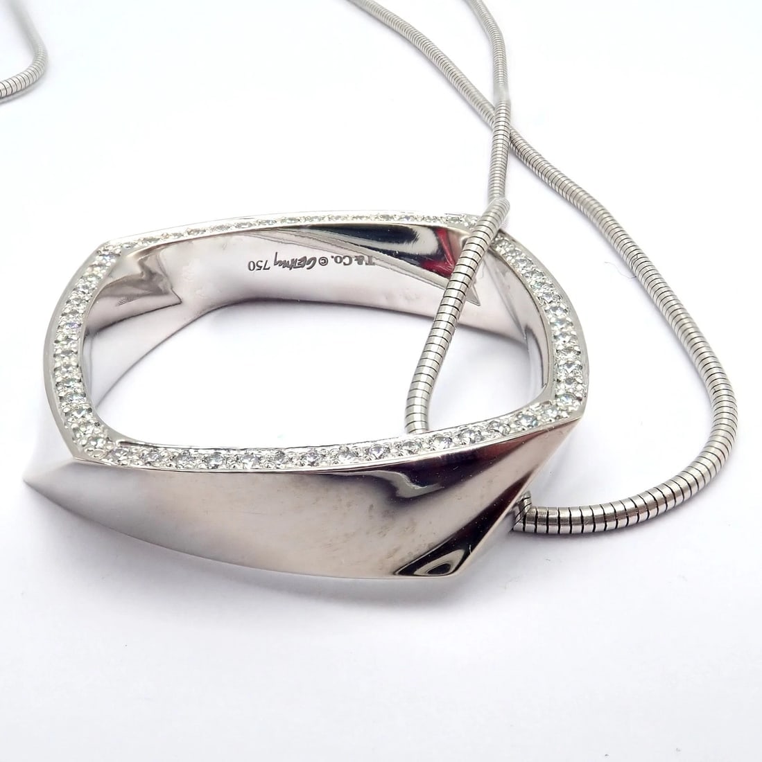 Authentic Tiffany & Co 18k White Gold Frank Gehry Diamond Torque Square Necklace - 6