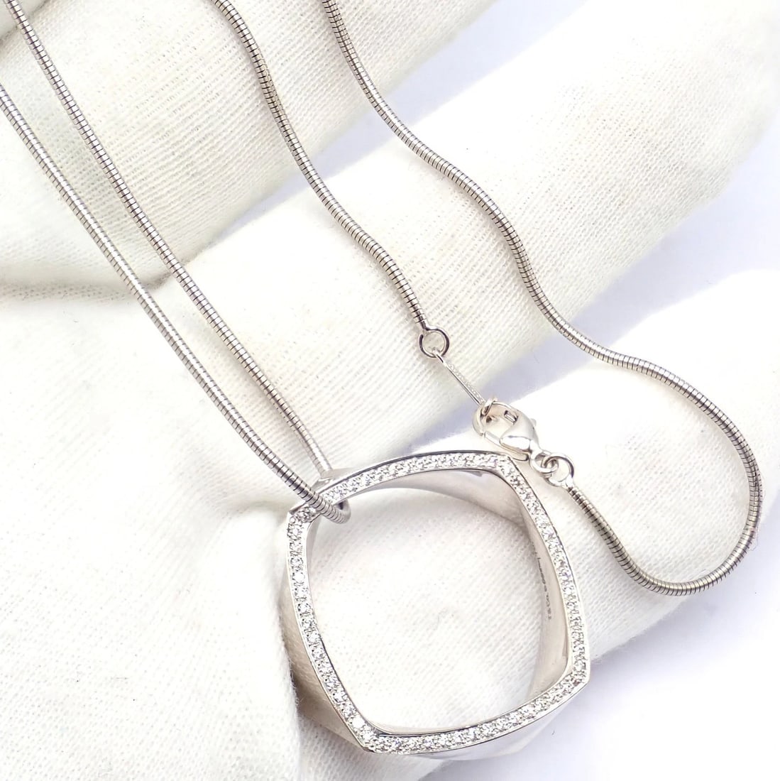Authentic Tiffany & Co 18k White Gold Frank Gehry Diamond Torque Square Necklace - 9