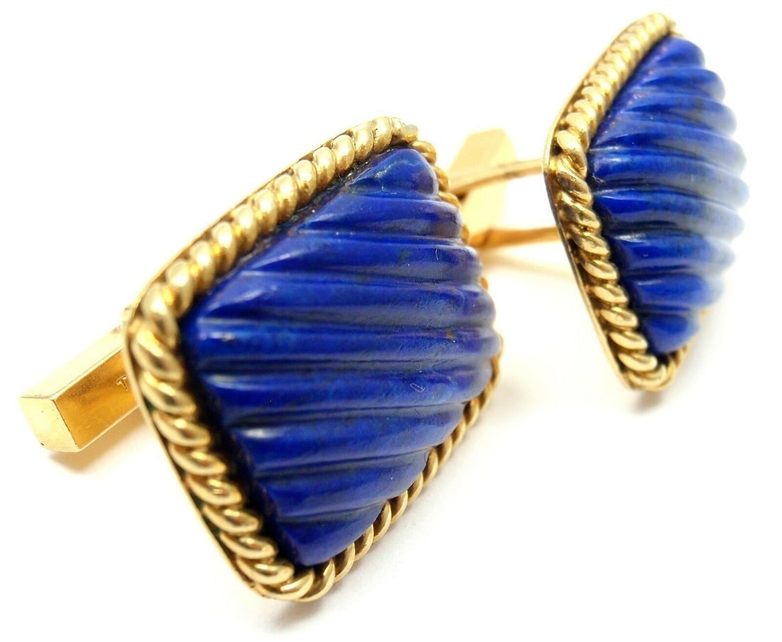 Tiffany & Co. 18k Yellow Gold Large Lapis Lazuli Rope Bordered Gold Cufflinks - 5