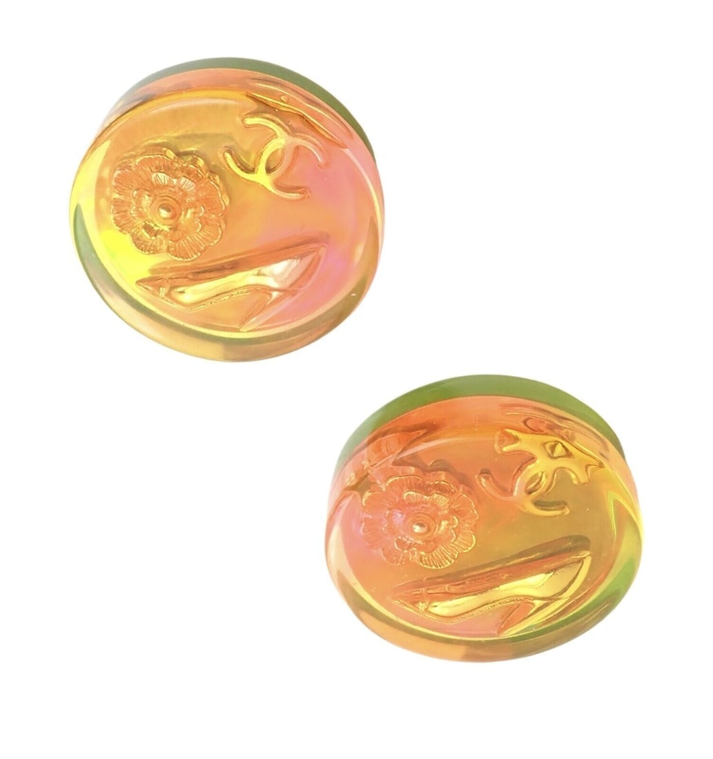 Rare! Vintage Chanel Paris France Holographic Logo Camellia Earrings 1997 Spring - 10