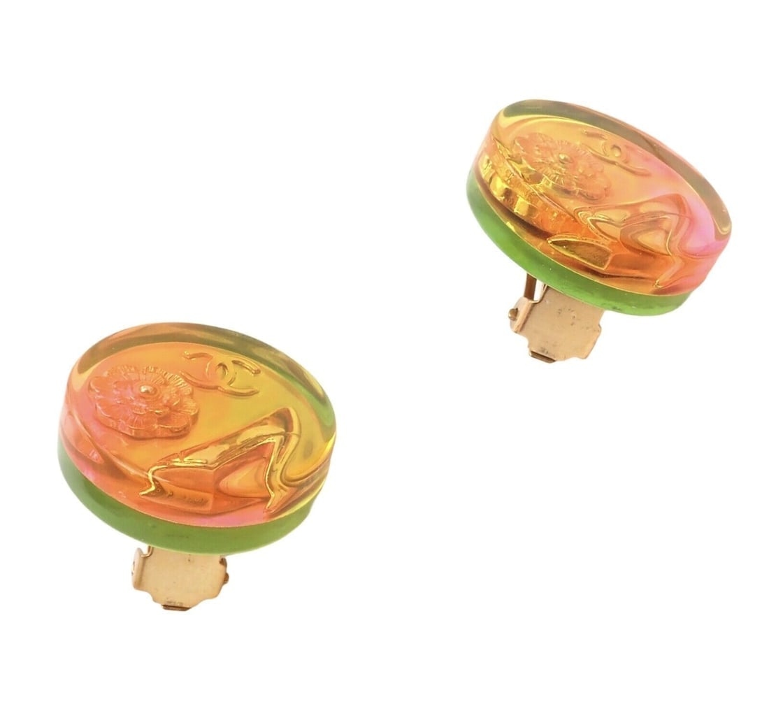 Rare! Vintage Chanel Paris France Holographic Logo Camellia Earrings 1997 Spring - 11
