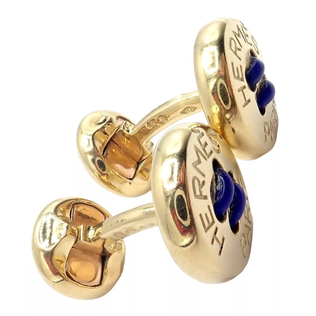 Rare! Vintage Authentic Hermes Paris 18k Yellow Gold Mens Lapis Button Cufflinks - 11