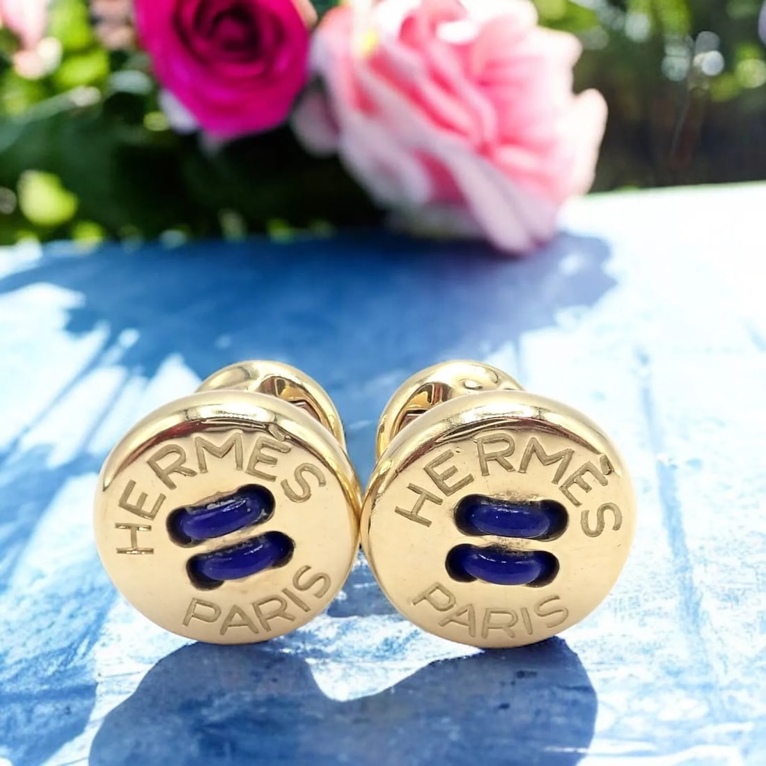 Rare! Vintage Authentic Hermes Paris 18k Yellow Gold Mens Lapis Button Cufflinks - 2