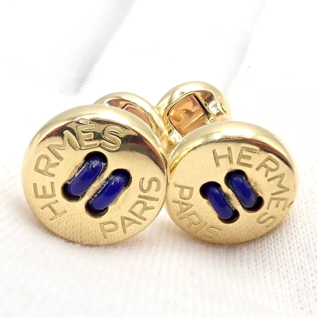 Rare! Vintage Authentic Hermes Paris 18k Yellow Gold Mens Lapis Button Cufflinks - 8