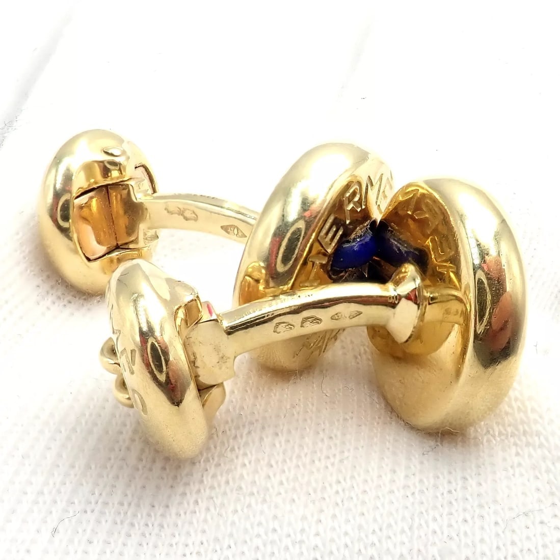 Rare! Vintage Authentic Hermes Paris 18k Yellow Gold Mens Lapis Button Cufflinks - 9