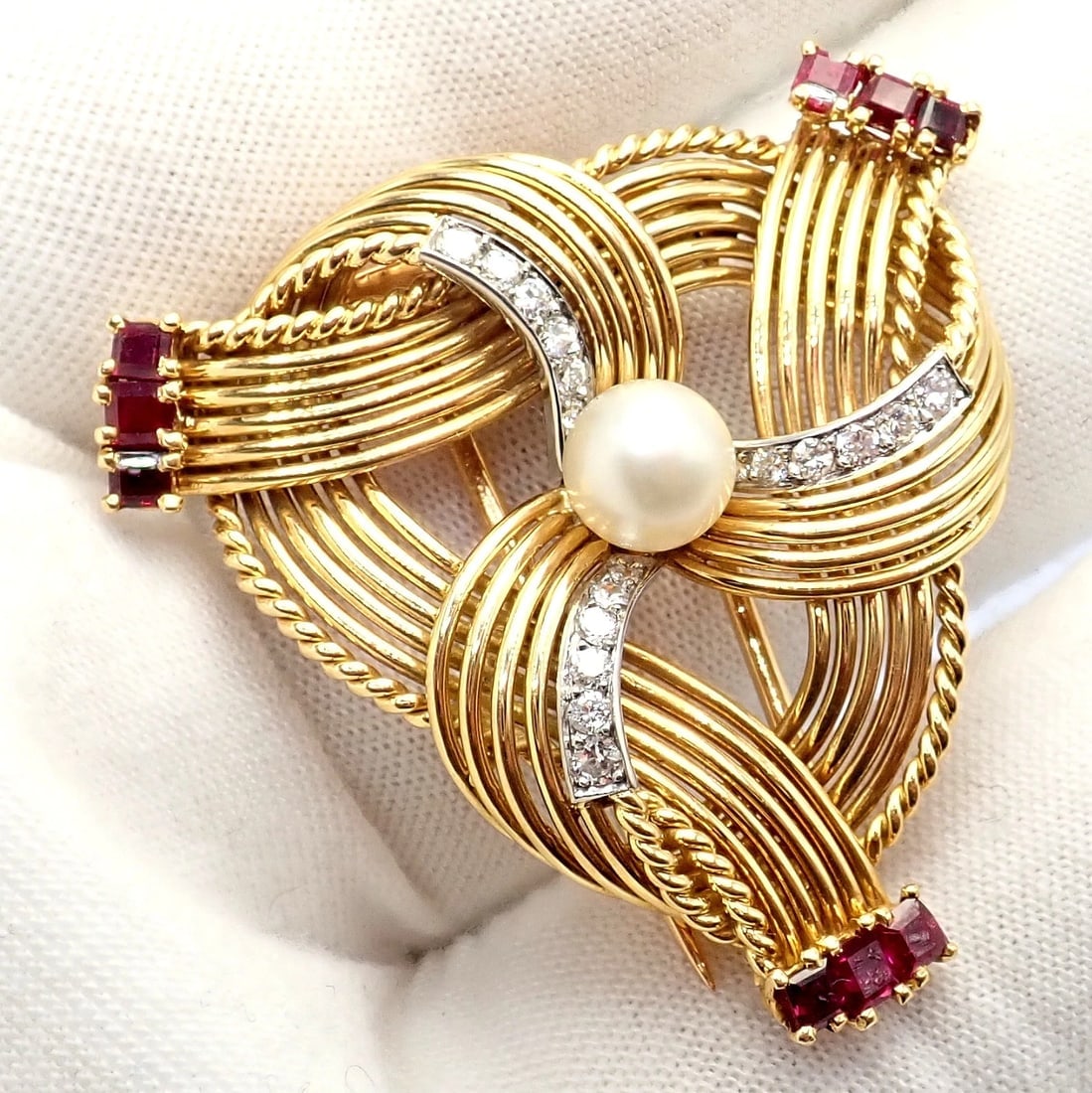Vintage Cartier 18k Yellow Gold Diamond Ruby Pearl Pin Brooch 1960s - 10