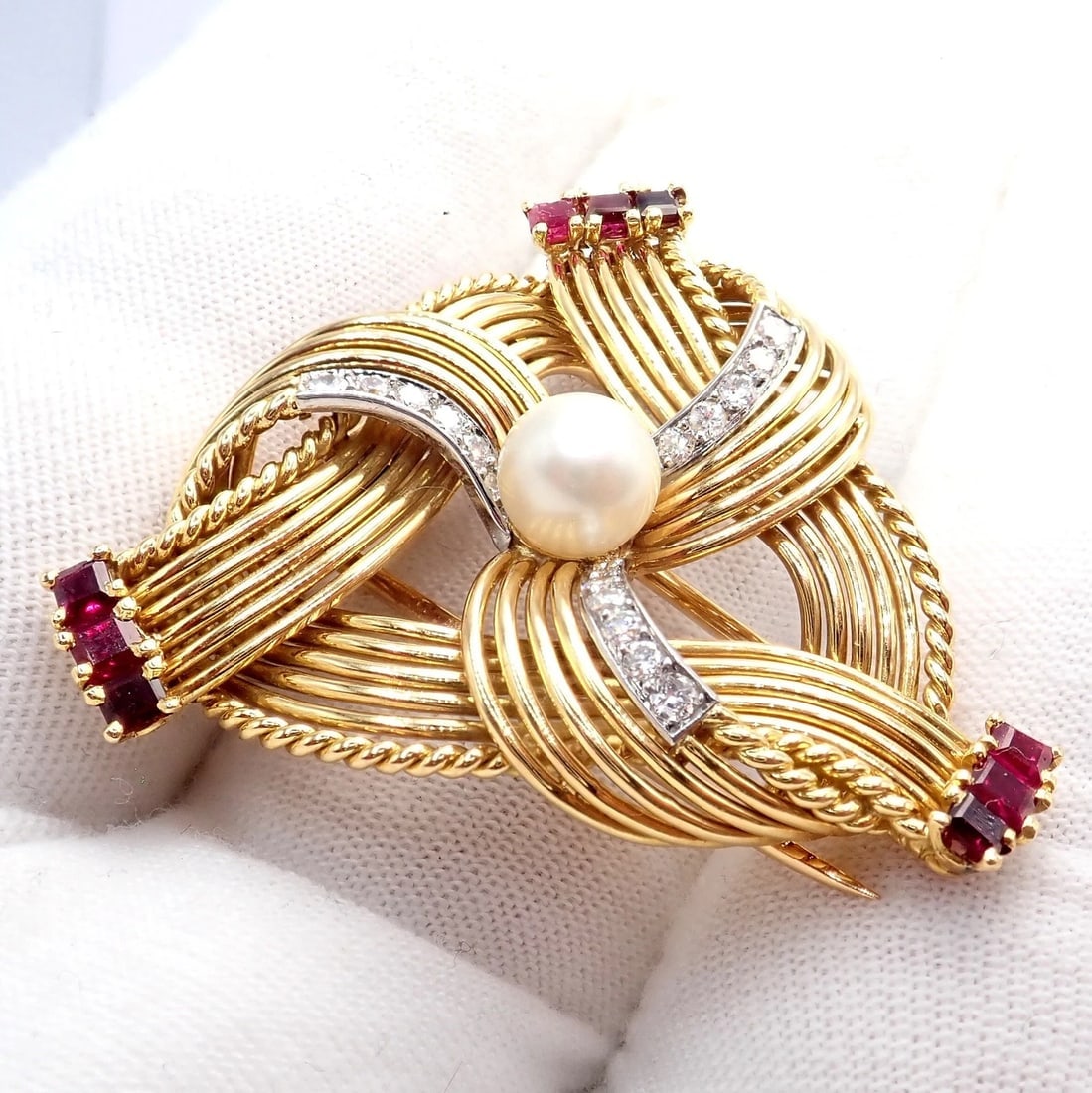 Vintage Cartier 18k Yellow Gold Diamond Ruby Pearl Pin Brooch 1960s - 11