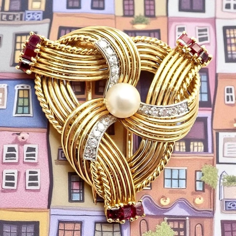 Vintage Cartier 18k Yellow Gold Diamond Ruby Pearl Pin Brooch 1960s - 2