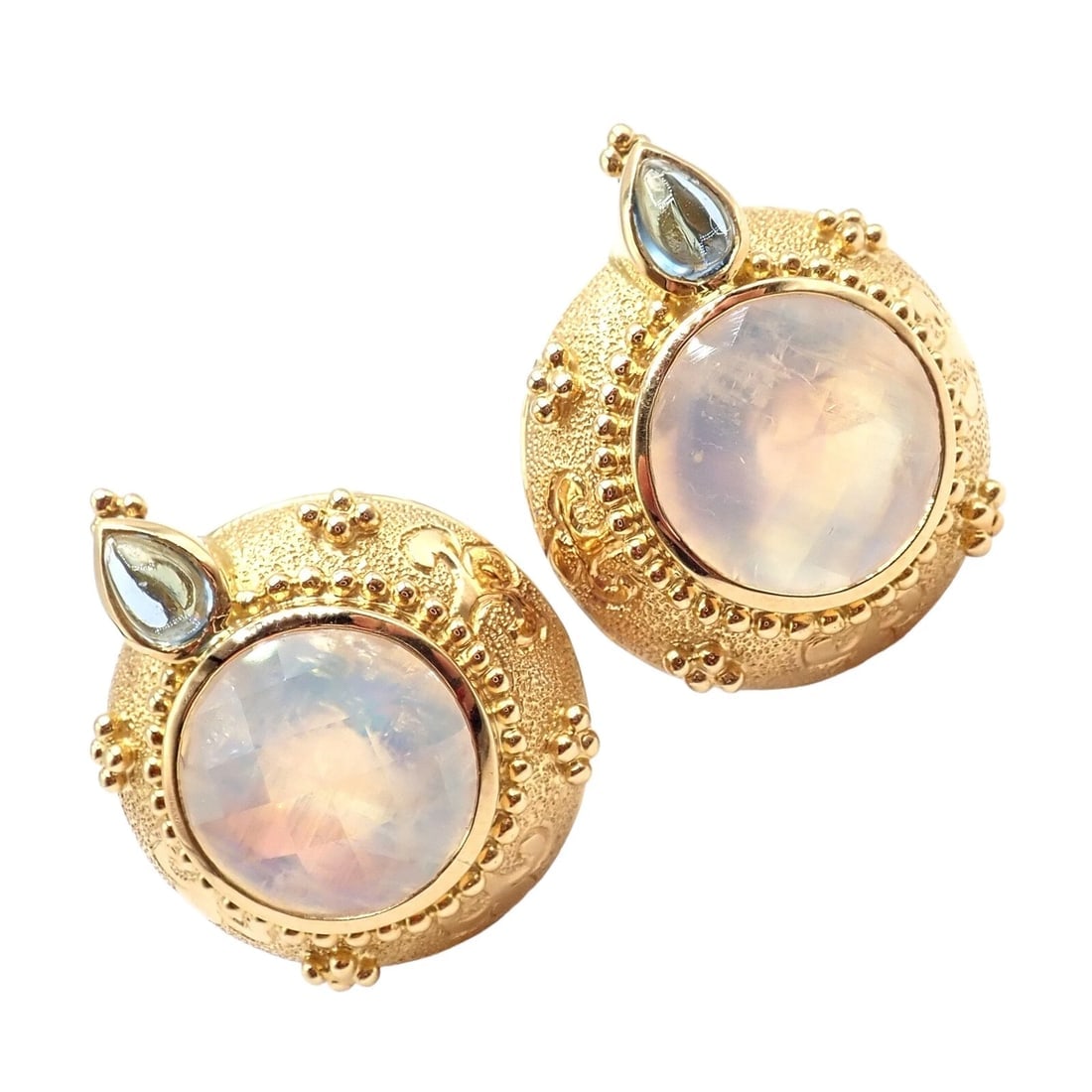 Rare! Vintage Paula Crevoshay 18k Gold Aquamarine Moonstone Round Earrings OOAK - 10
