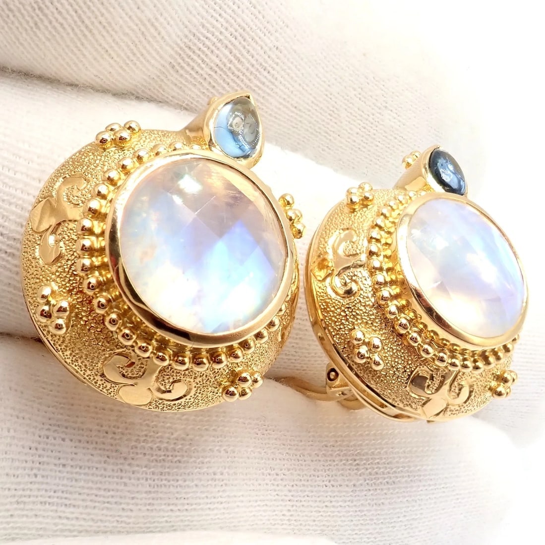 Rare! Vintage Paula Crevoshay 18k Gold Aquamarine Moonstone Round Earrings OOAK - 5