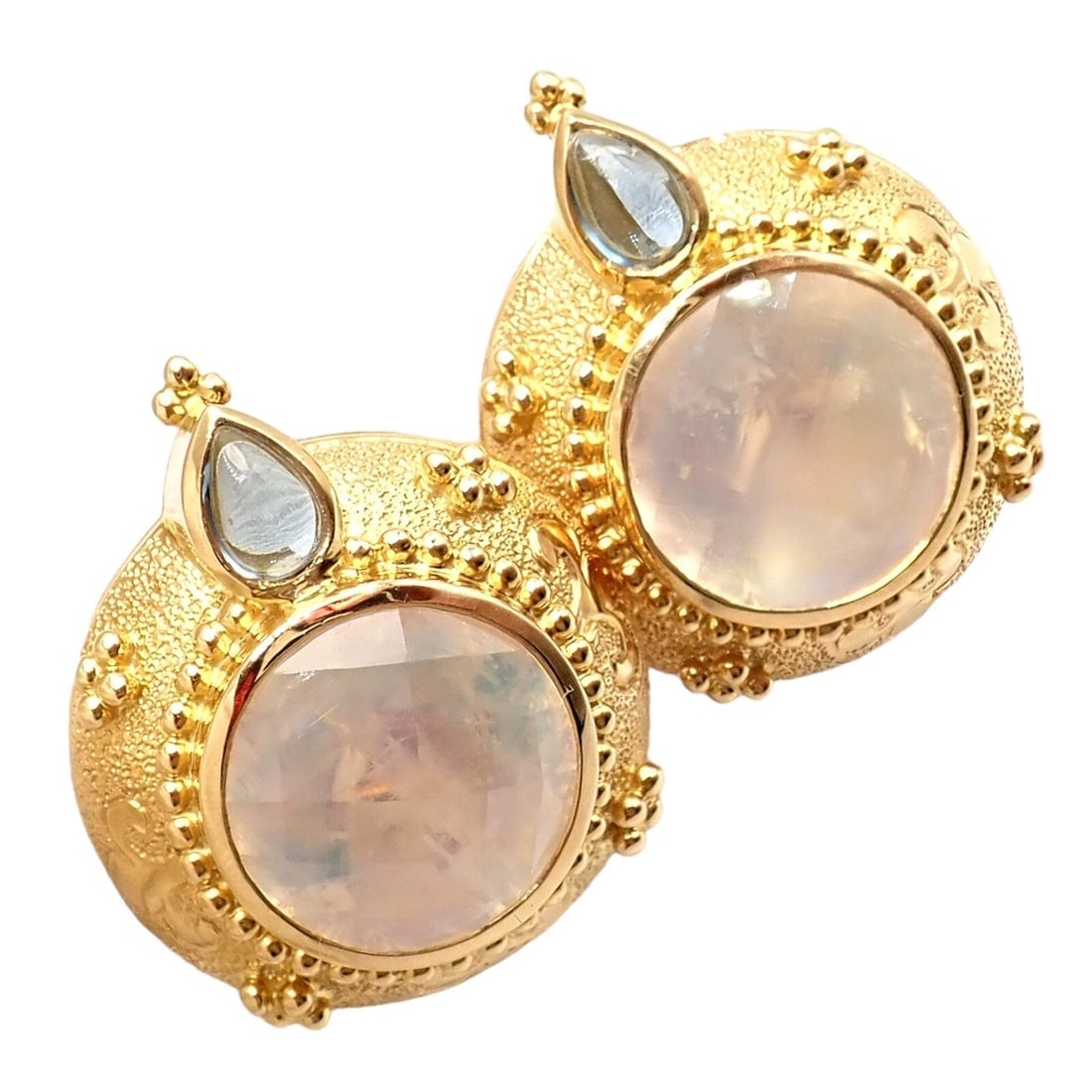 Rare! Vintage Paula Crevoshay 18k Gold Aquamarine Moonstone Round Earrings OOAK - 6