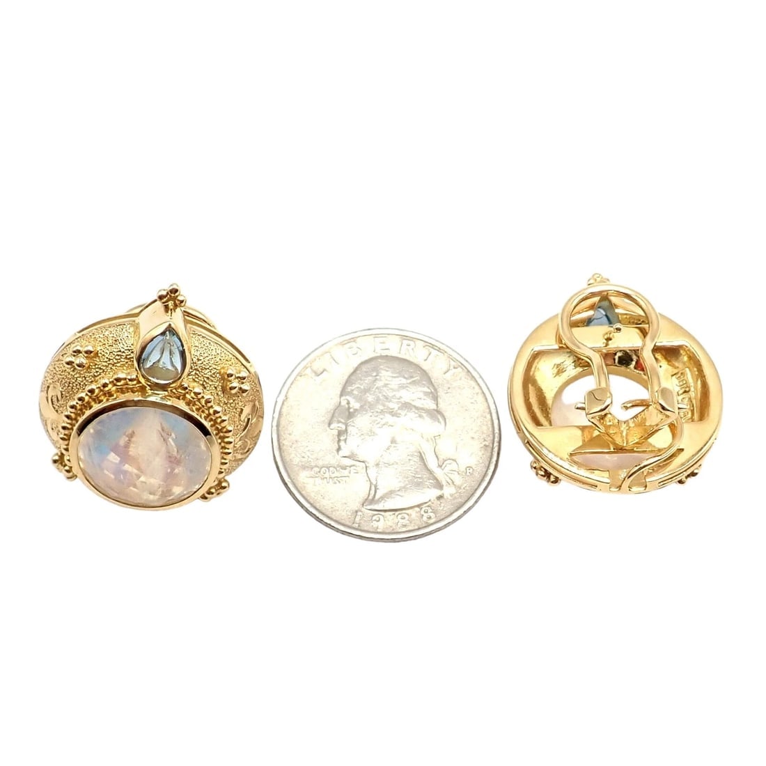 Rare! Vintage Paula Crevoshay 18k Gold Aquamarine Moonstone Round Earrings OOAK - 8