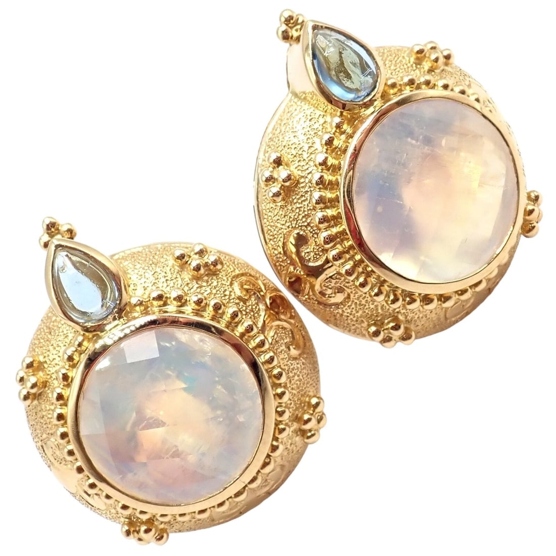 Rare! Vintage Paula Crevoshay 18k Gold Aquamarine Moonstone Round Earrings OOAK - 9