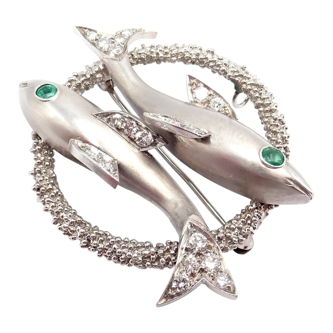 Cartier 18k White Gold Platinum Diamond Emerald Zodiac Pisces Fish Brooch Pin - 11