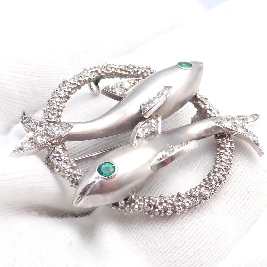 Cartier 18k White Gold Platinum Diamond Emerald Zodiac Pisces Fish Brooch Pin - 3