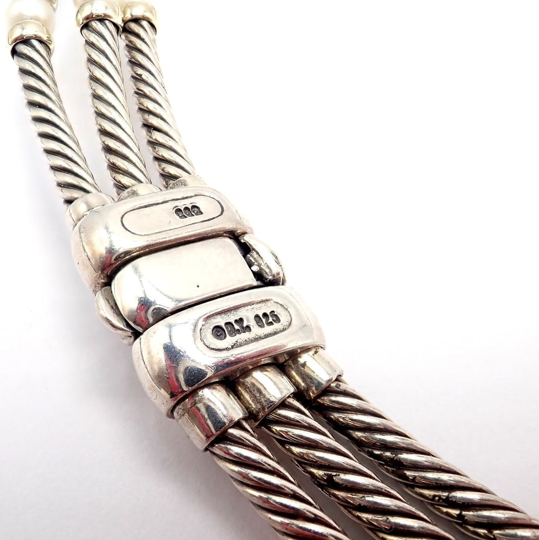 David Yurman DY Sterling Silver 14k Yellow Gold 3 Cable 3mm Pearl Necklace 15" - 2