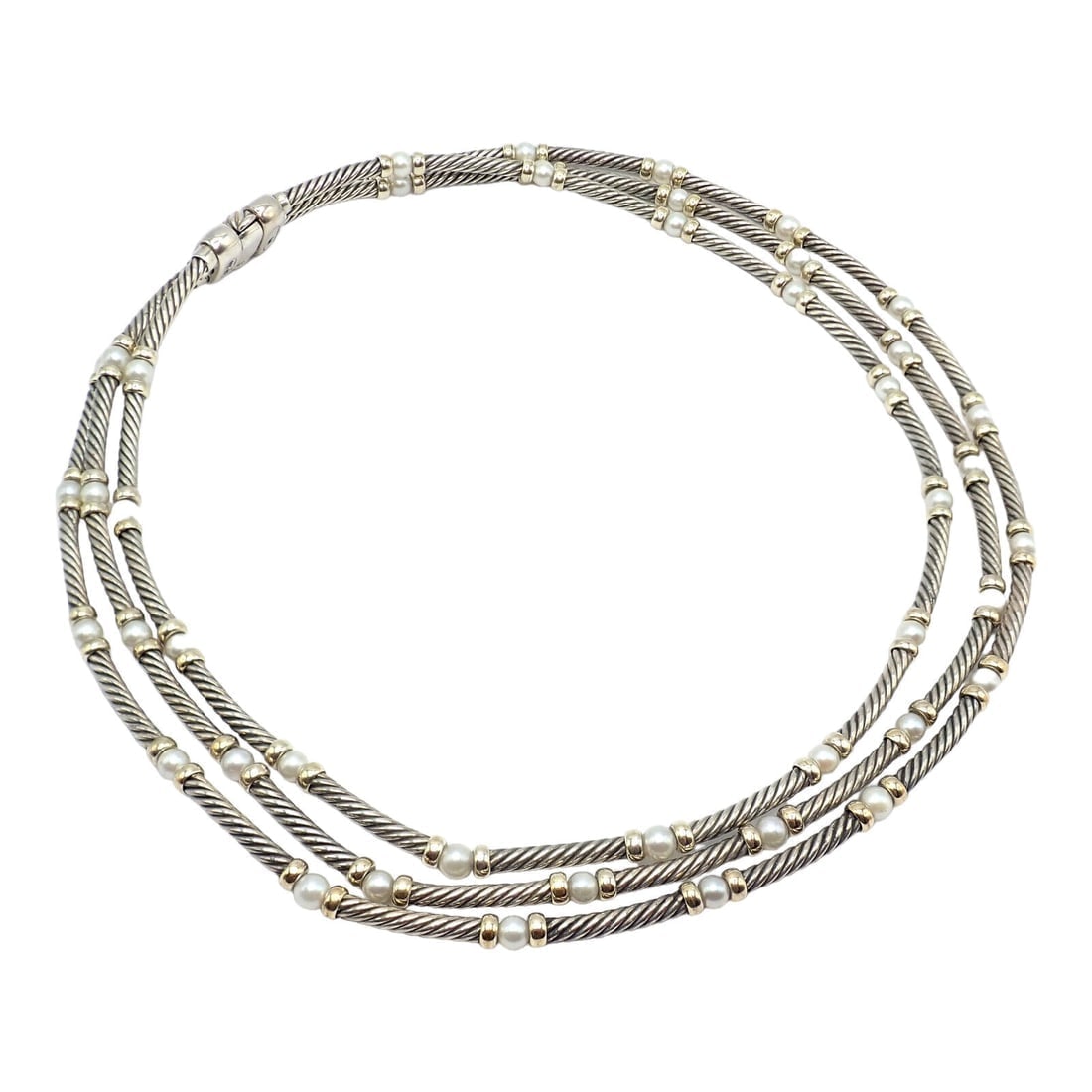 David Yurman DY Sterling Silver 14k Yellow Gold 3 Cable 3mm Pearl Necklace 15" - 6