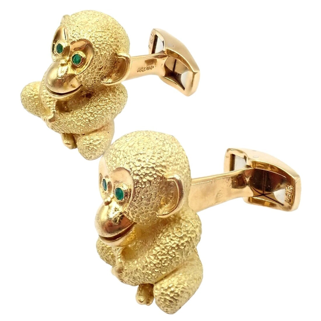 Authentic Kurt Wayne 18k Yellow Gold Emerald Whimsical Monkey Cufflinks - 11