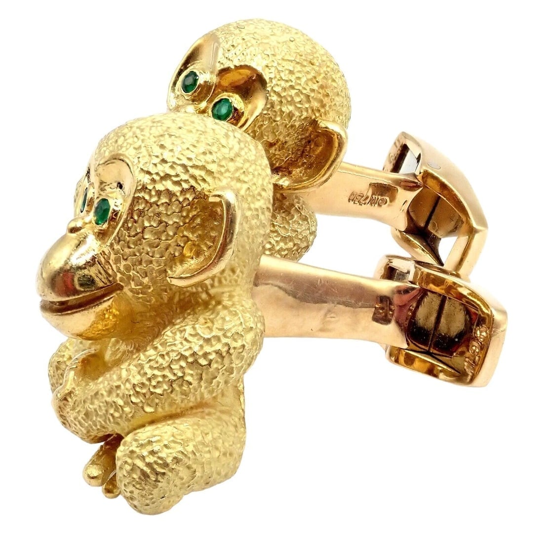 Authentic Kurt Wayne 18k Yellow Gold Emerald Whimsical Monkey Cufflinks - 2