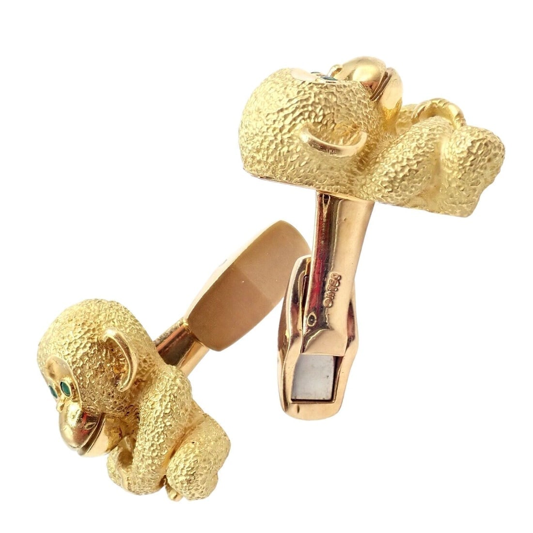 Authentic Kurt Wayne 18k Yellow Gold Emerald Whimsical Monkey Cufflinks - 3