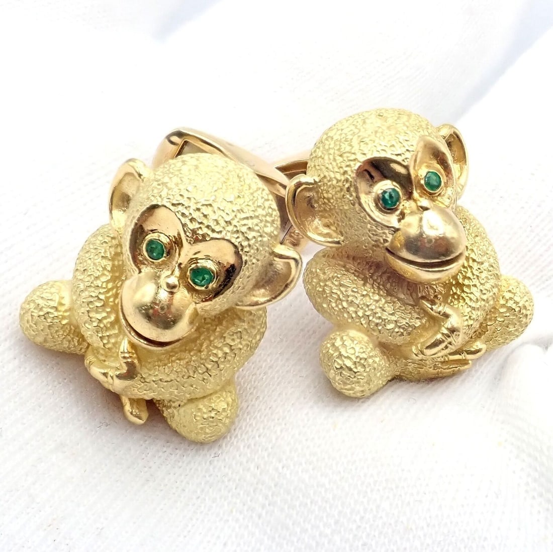 Authentic Kurt Wayne 18k Yellow Gold Emerald Whimsical Monkey Cufflinks - 7