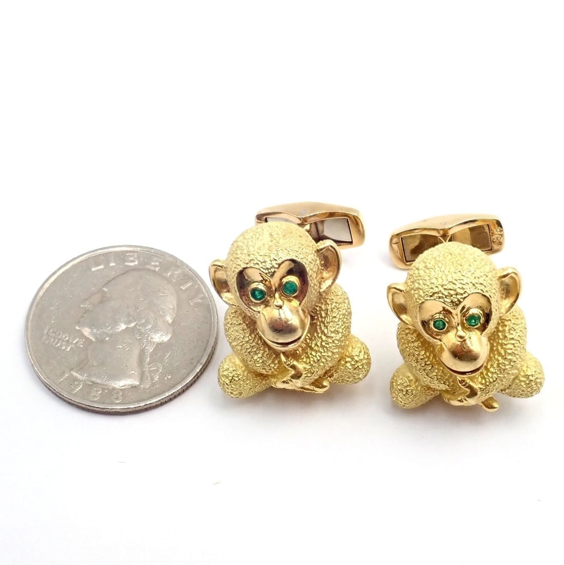 Authentic Kurt Wayne 18k Yellow Gold Emerald Whimsical Monkey Cufflinks - 9