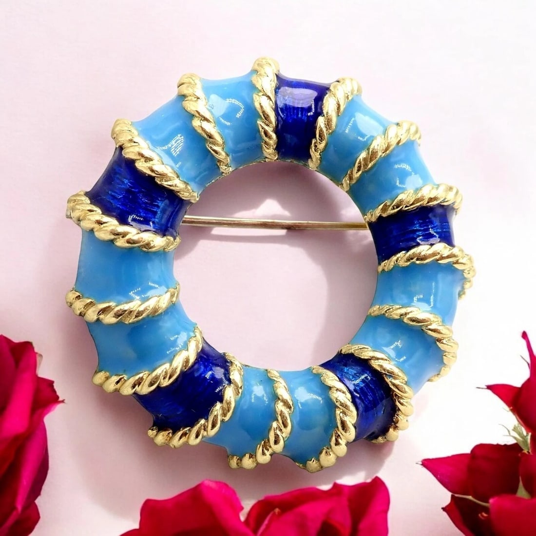 Rare! Vintage Tiffany & Co 18k Yellow Gold Blue Enamel Circle Rope Brooch Pin (1 of 9)