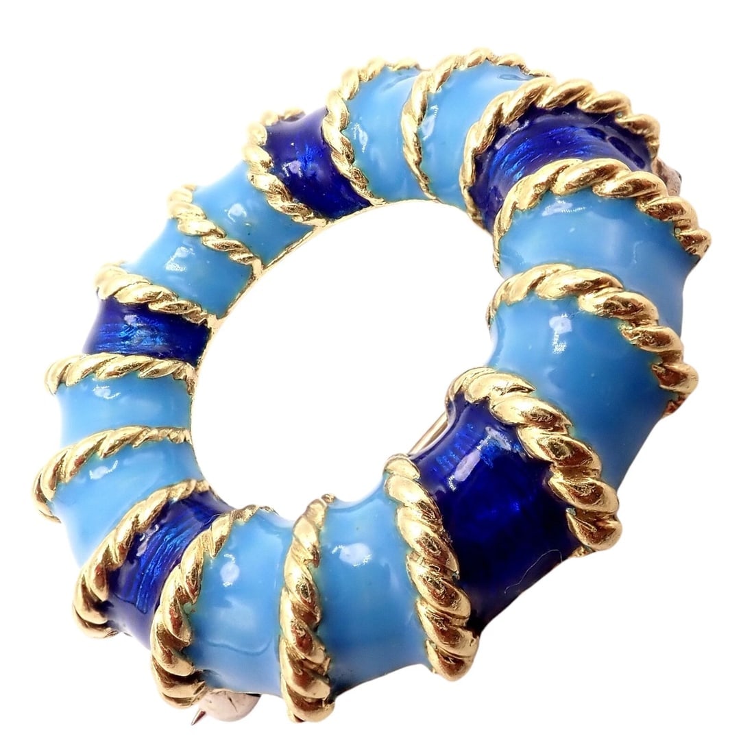 Rare! Vintage Tiffany & Co 18k Yellow Gold Blue Enamel Circle Rope Brooch Pin - 3