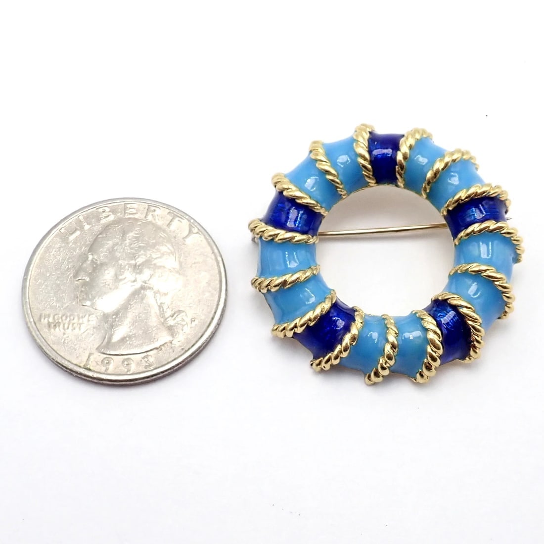 Rare! Vintage Tiffany & Co 18k Yellow Gold Blue Enamel Circle Rope Brooch Pin - 4