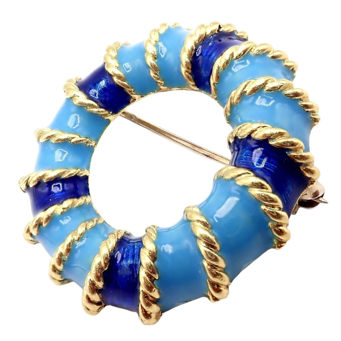 Rare! Vintage Tiffany & Co 18k Yellow Gold Blue Enamel Circle Rope Brooch Pin - 6