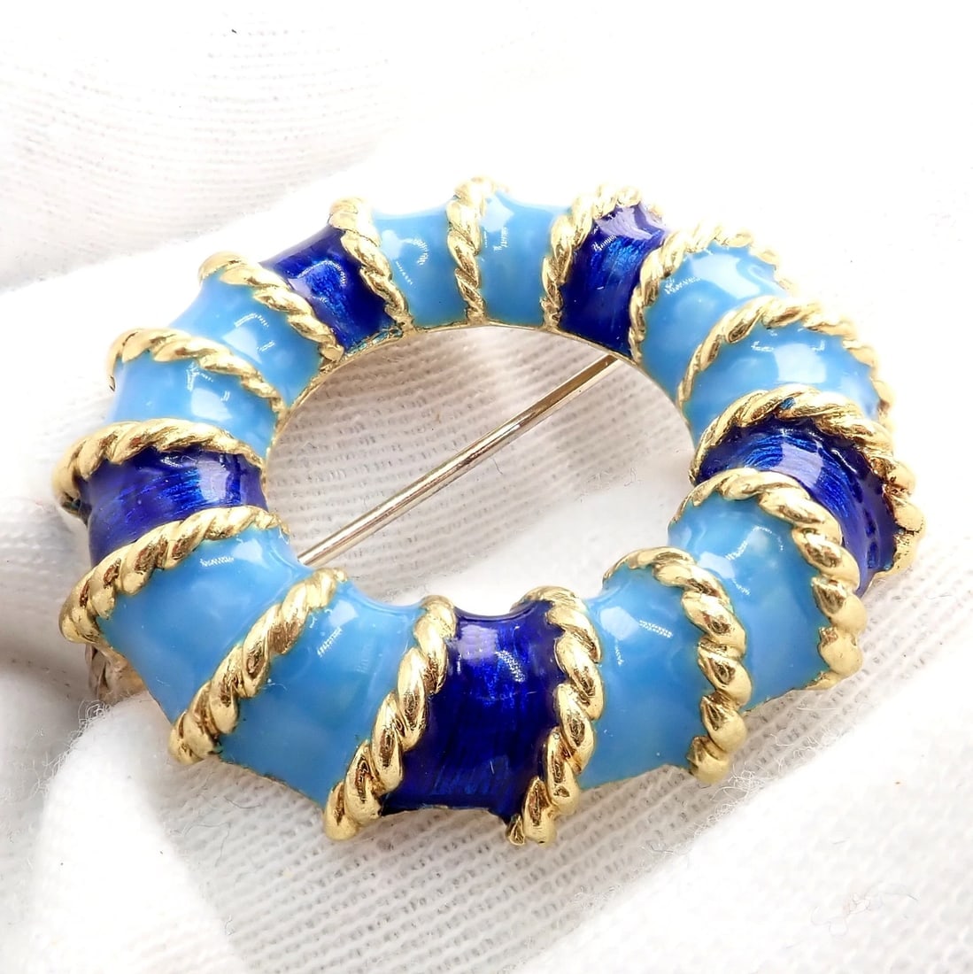 Rare! Vintage Tiffany & Co 18k Yellow Gold Blue Enamel Circle Rope Brooch Pin - 8