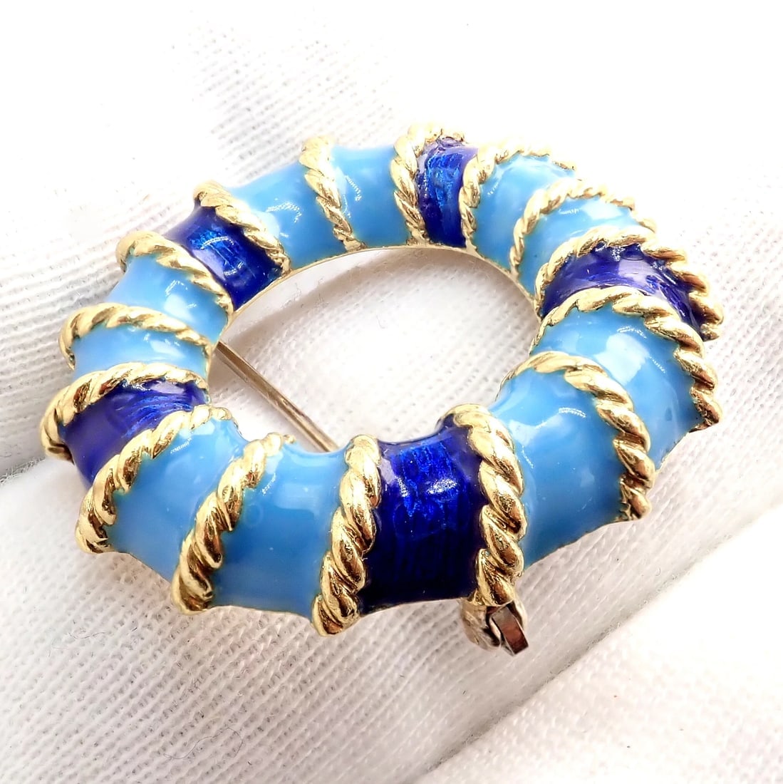 Rare! Vintage Tiffany & Co 18k Yellow Gold Blue Enamel Circle Rope Brooch Pin - 9