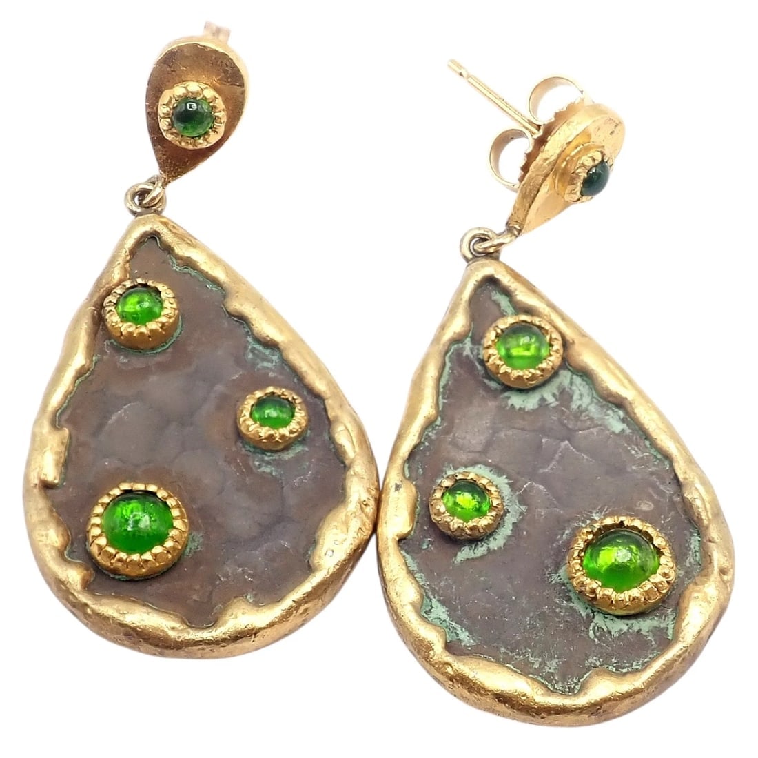 Rare! Victor Velyan 24k Yellow Gold + Silver Green Tourmaline Earrings - 10