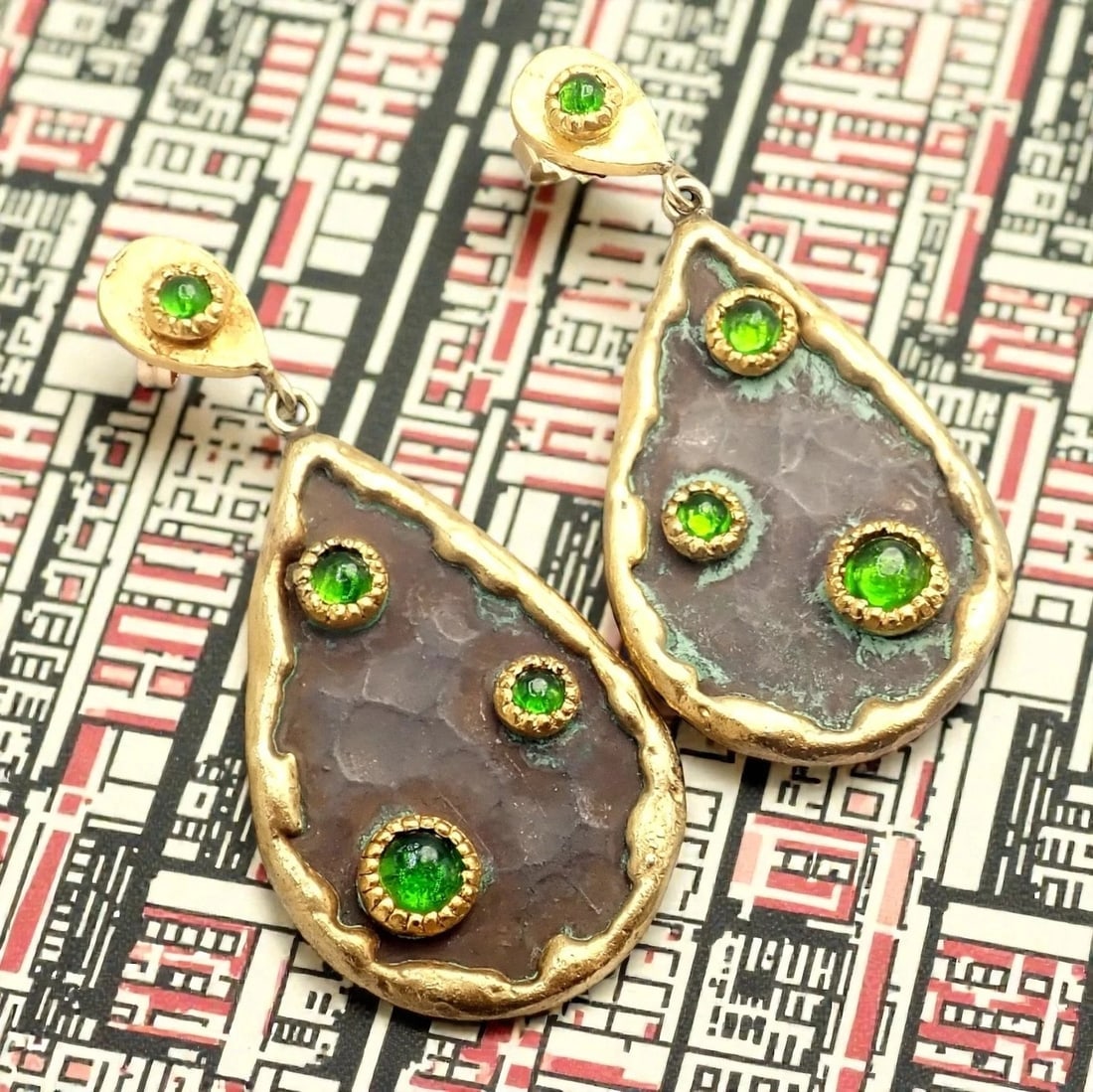 Rare! Victor Velyan 24k Yellow Gold + Silver Green Tourmaline Earrings - 2