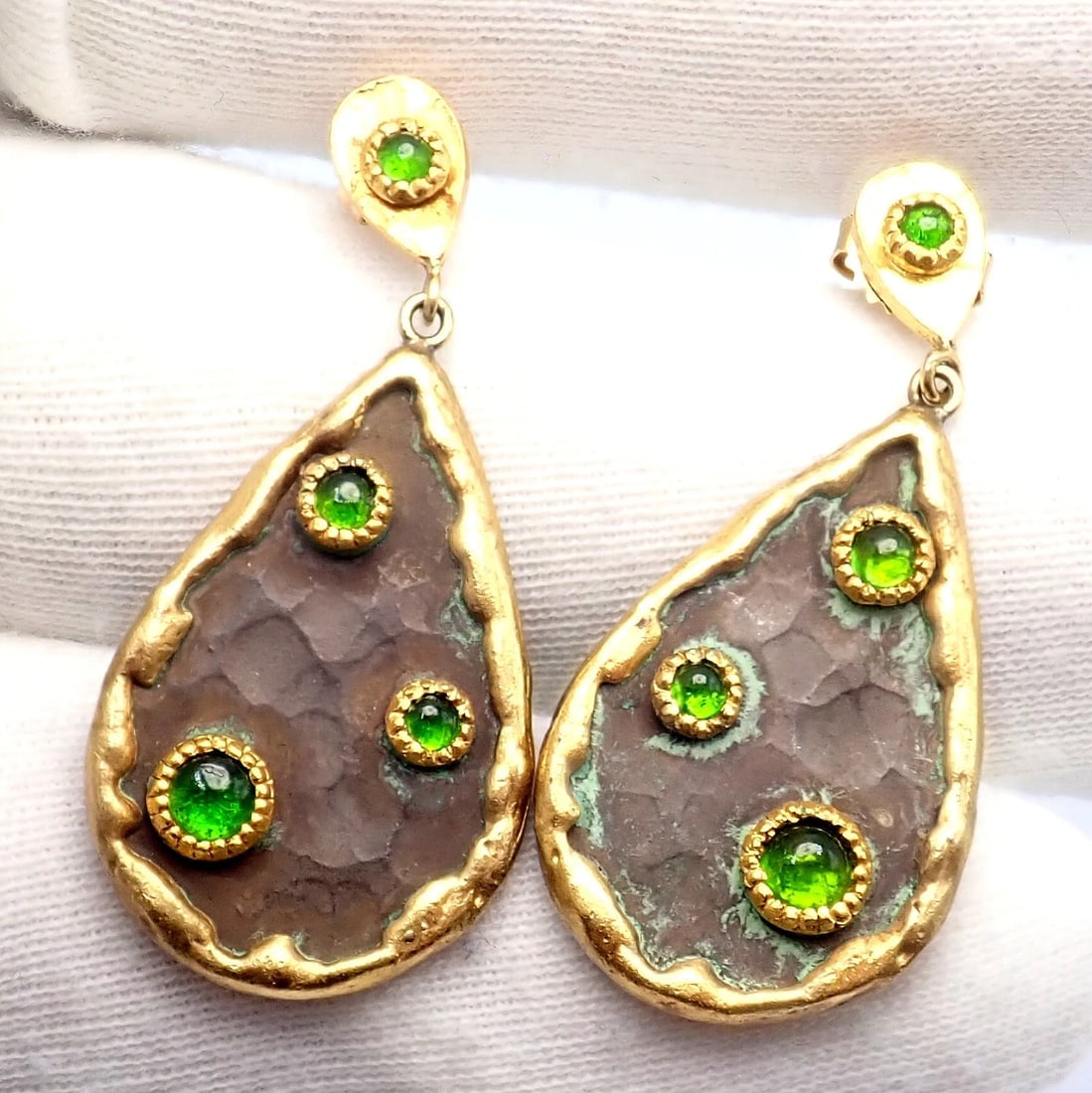 Rare! Victor Velyan 24k Yellow Gold + Silver Green Tourmaline Earrings - 5