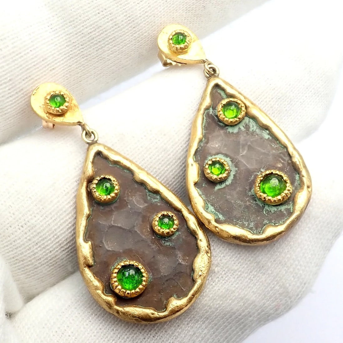 Rare! Victor Velyan 24k Yellow Gold + Silver Green Tourmaline Earrings - 6