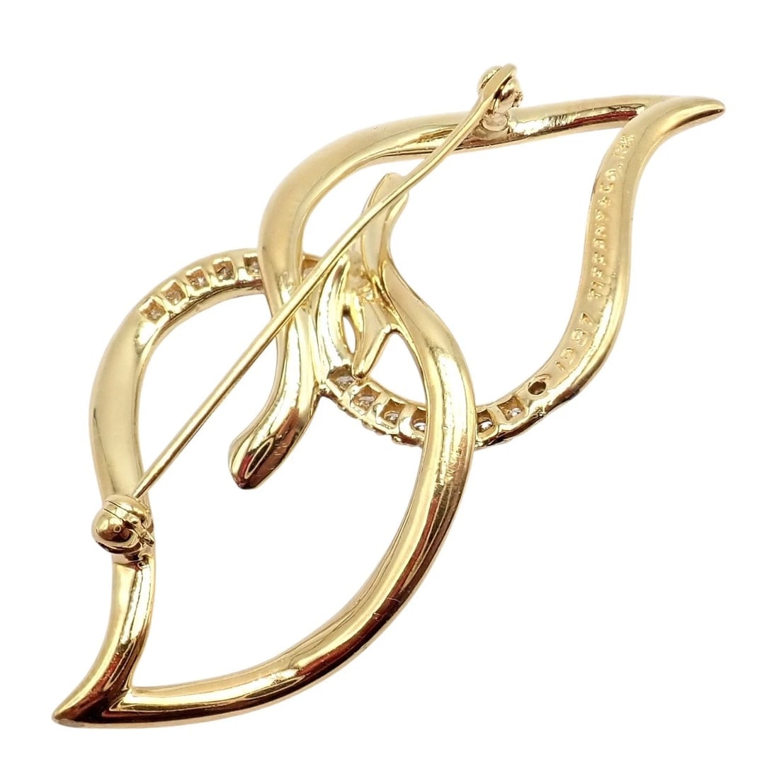 Authentic! Tiffany & Co 18k Yellow Gold Diamond Two Leaf Twin Brooch Pin 1987 - 3